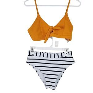 SHEIN | 2 Piece Swim Suit | Yellow with White/ Black  Stripes | Bikini | Medium